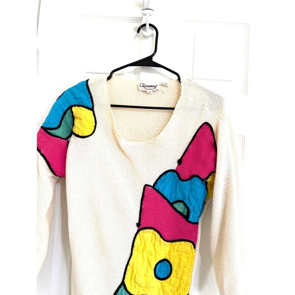 80s Retro Cream with Bright Color Block Alexandria Knit Sweater - Womens Size M - Picture 6 of 8